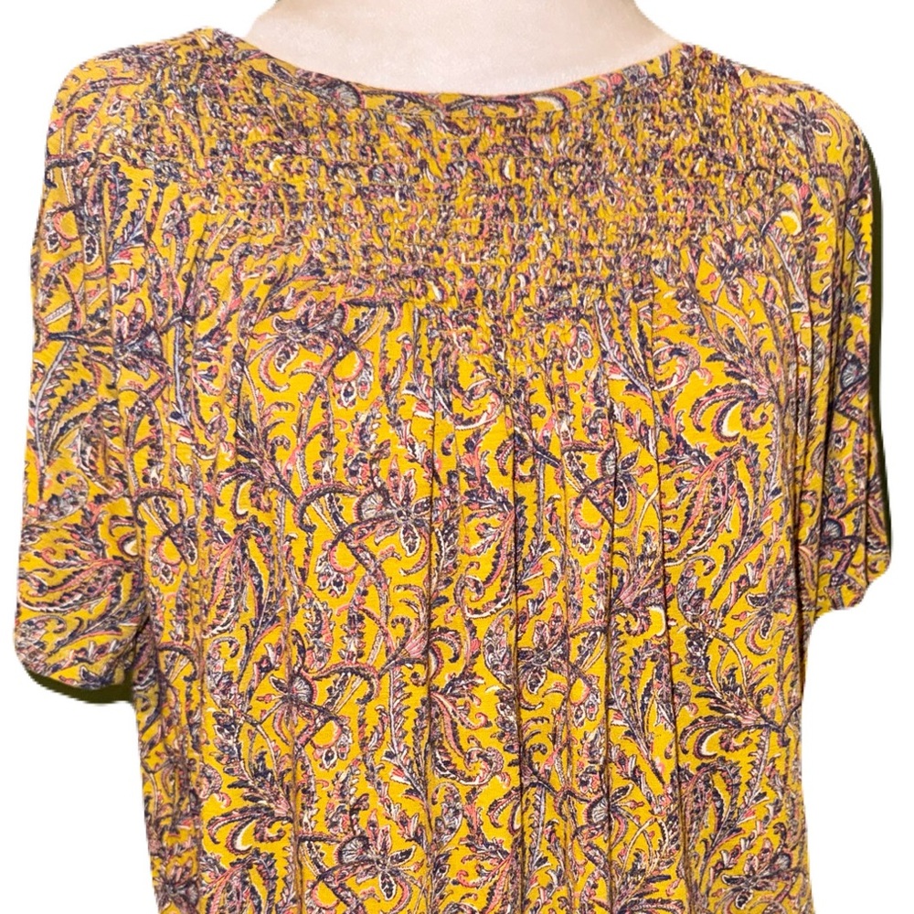 Lucky Brand Smocked Paisley Top Size S/P Mustard Yellow Boho Cotton Modal Blouse - Picture 8 of 10